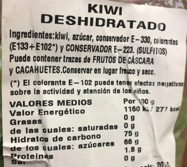 Kiwi Deshidratado nutrition facts table