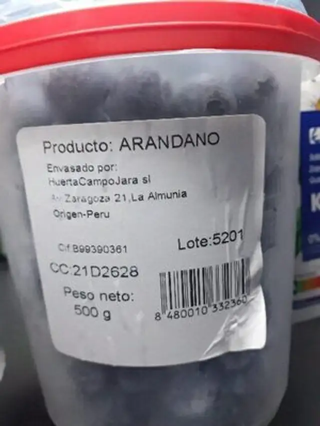Arándanos ingredients label