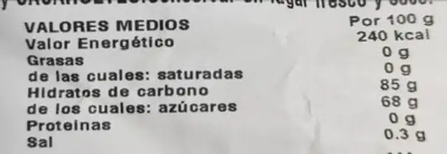 Piña Deshidratada nutrition facts table