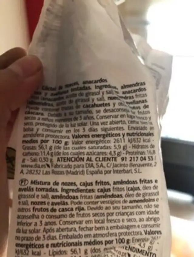 Unknown nutrition facts table