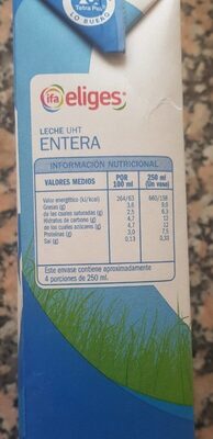 Eliges Leche UHT entera 1ltr nutrition facts table