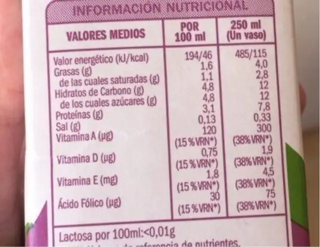 Leche Semi Sin Lactosa Ifa Elige nutrition facts table