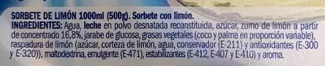 Sorbete de limón ingredients label