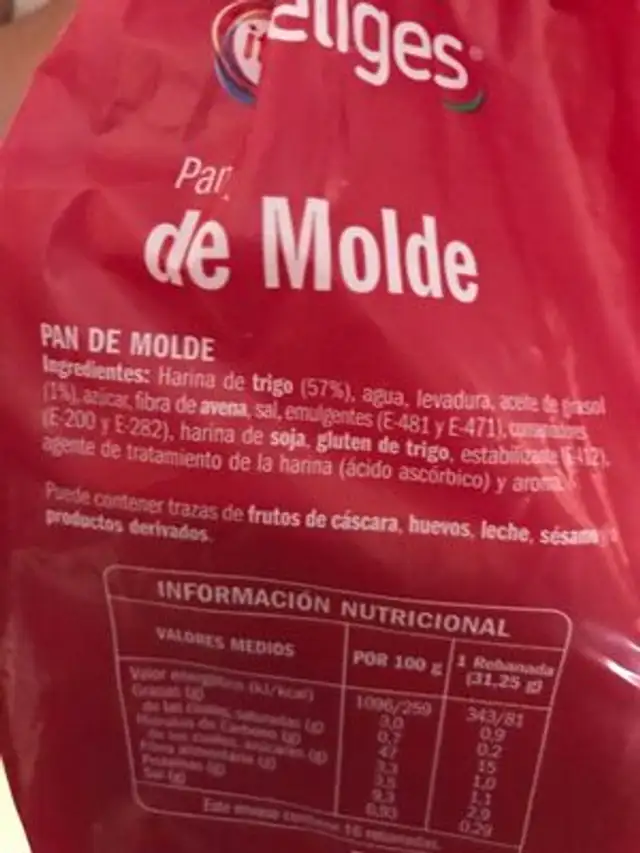 pan de molde ingredients label