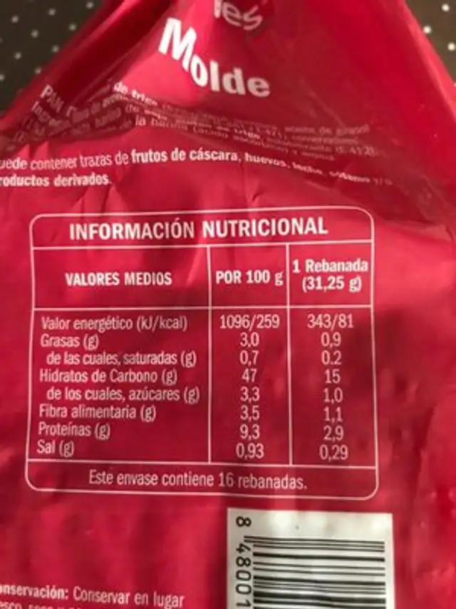 pan de molde nutrition facts table