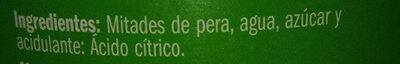 Pera en almibar ingredients label
