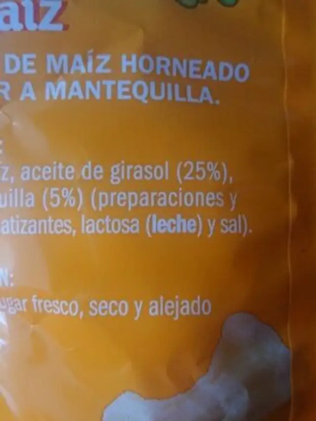 Palomitas de maíz sabor mantequilla ingredients label