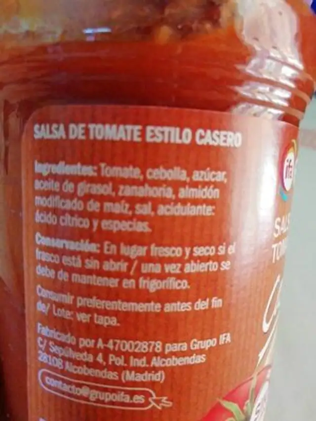 Salsa Tomate Casero ingredients label