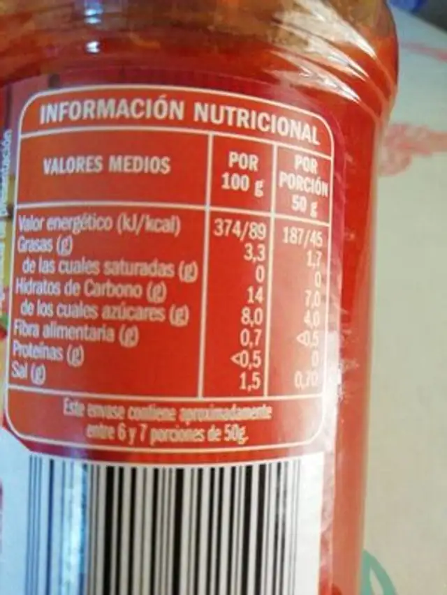 Salsa Tomate Casero nutrition facts table