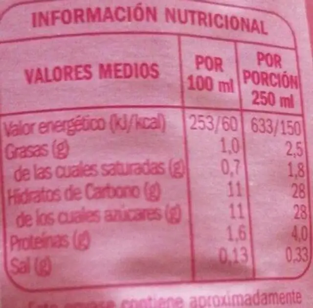 Batido de fresa nutrition facts table
