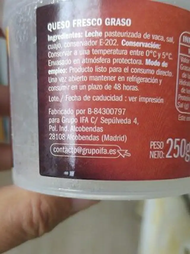 Queso Fresco de Burgos Tradicional ingredients label
