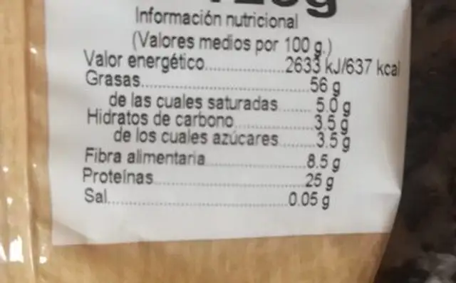 Almendra sin piel cruda molida nutrition facts table