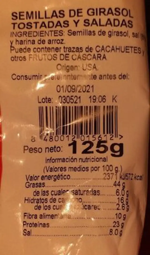 Frutos secos nutrition facts table