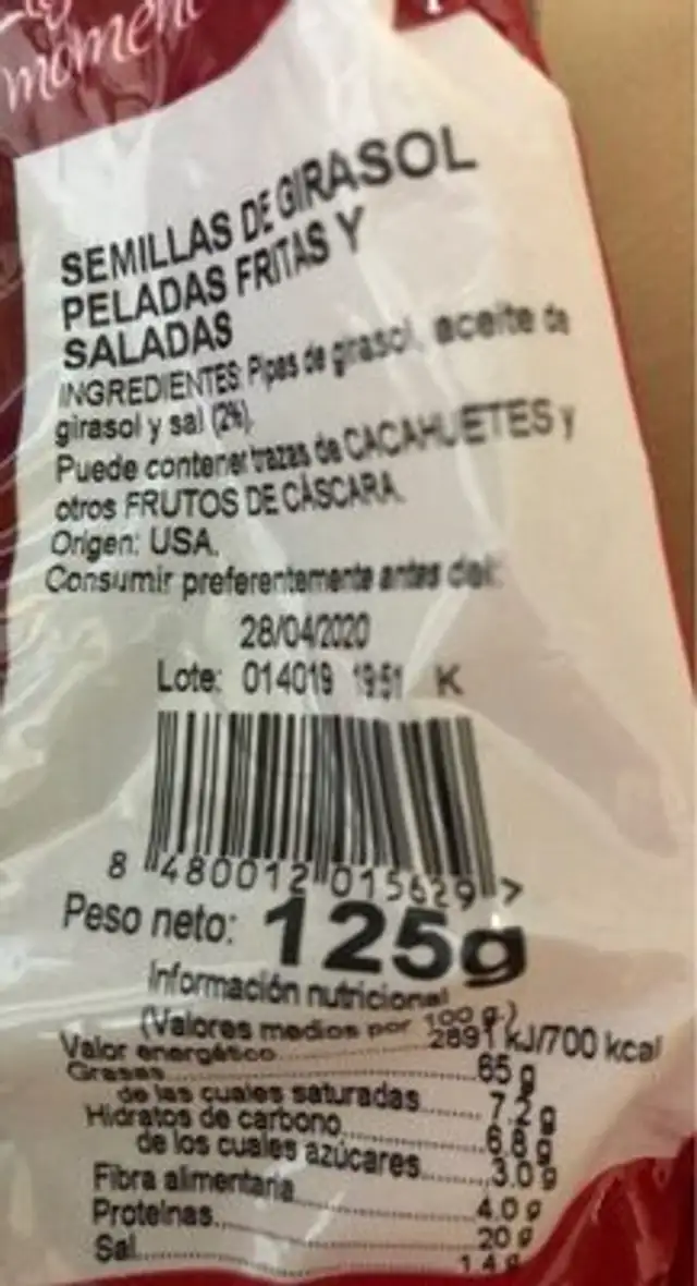 Semillas de girasol peladas fritas y saladas nutrition facts table