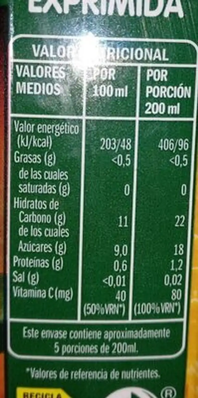 Zumo Naranja nutrition facts table