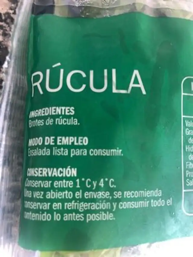 Rúcula ingredients label