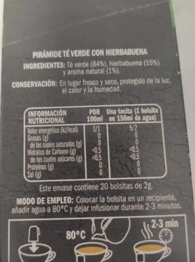 Te verde con hierbabuena nutrition facts table