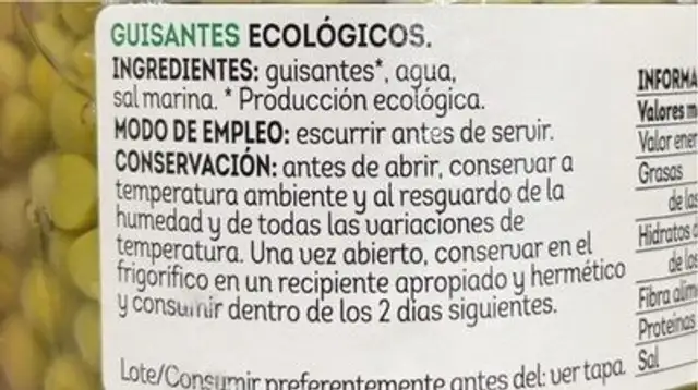 Guisantes nutrition facts table
