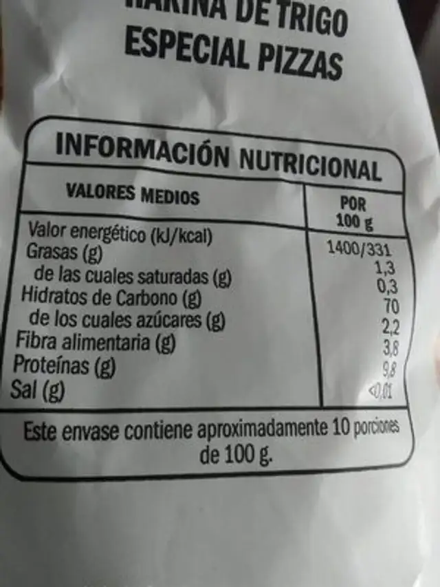 Harina de trigo especial pizzas nutrition facts table