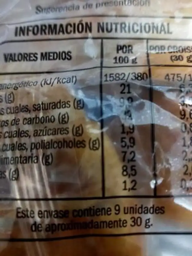 Croissants integrales nutrition facts table