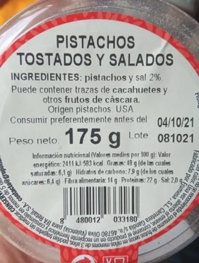 Pistachos tostados y salados nutrition facts table