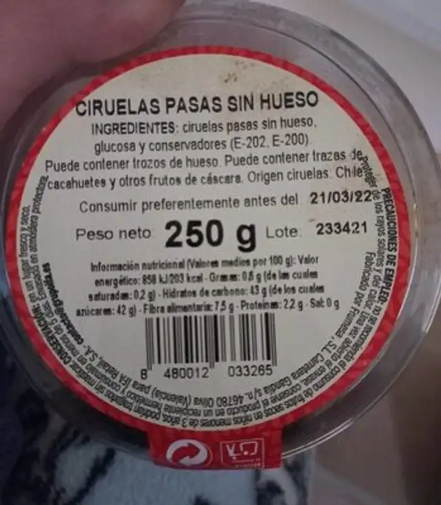 Ciruelas pasas sin hueso nutrition facts table