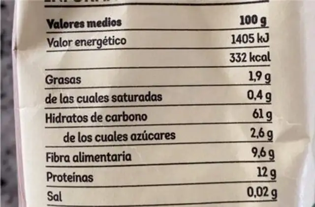 Harina trigo integral bio nutrition facts table