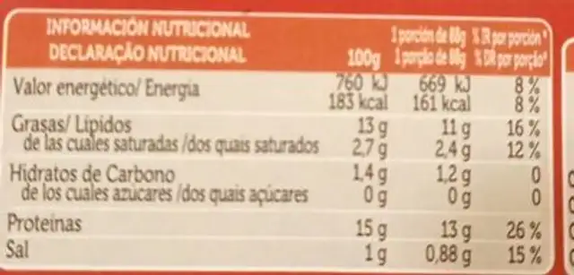 Sardinas en tomate nutrition facts table