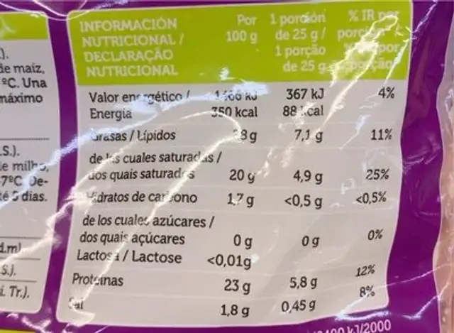 Queso rallado nutrition facts table
