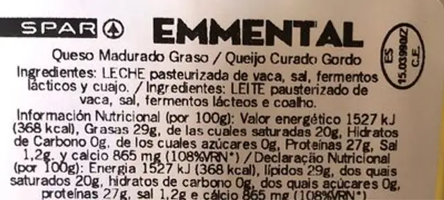 Emmental nutrition facts table