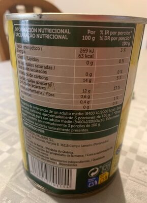 Piña en su jugo nutrition facts table