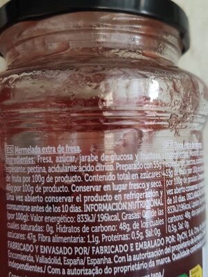 Mermelada Extra Fresa ingredients label
