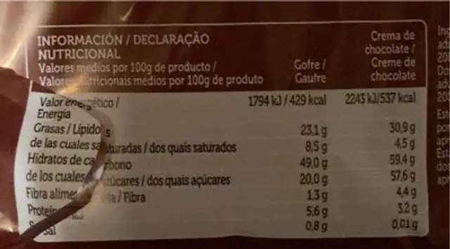 Gofres con Crema de Chocolate nutrition facts table