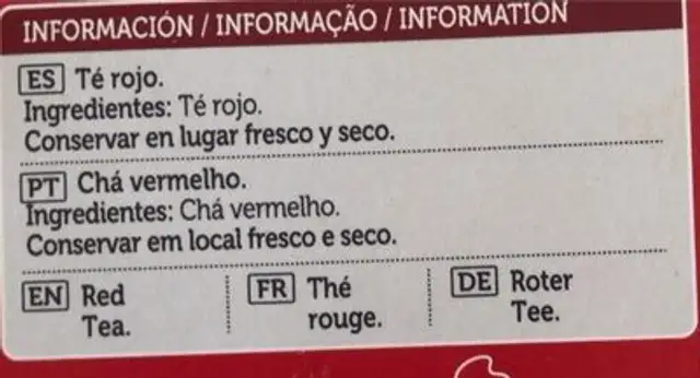 Té rojo nutrition facts table