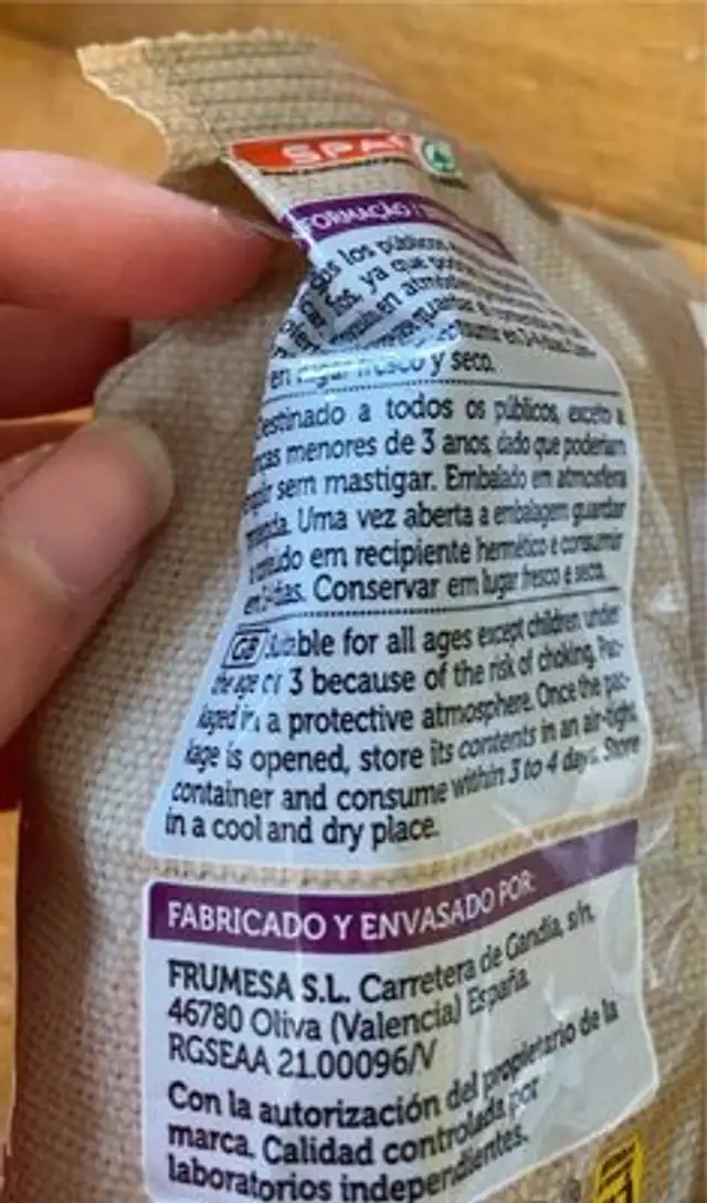 Frutos secos nutrition facts table