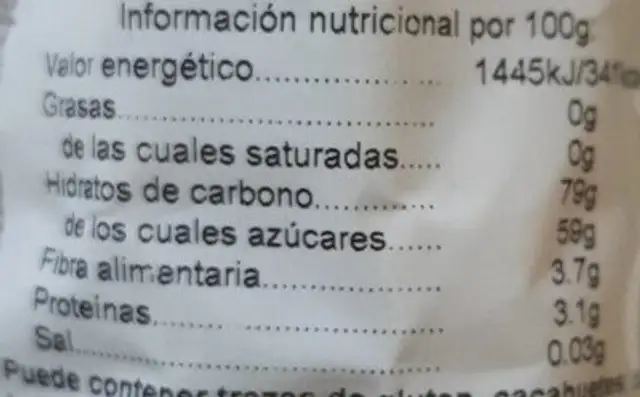 Pasas Moscatel sin semilla nutrition facts table