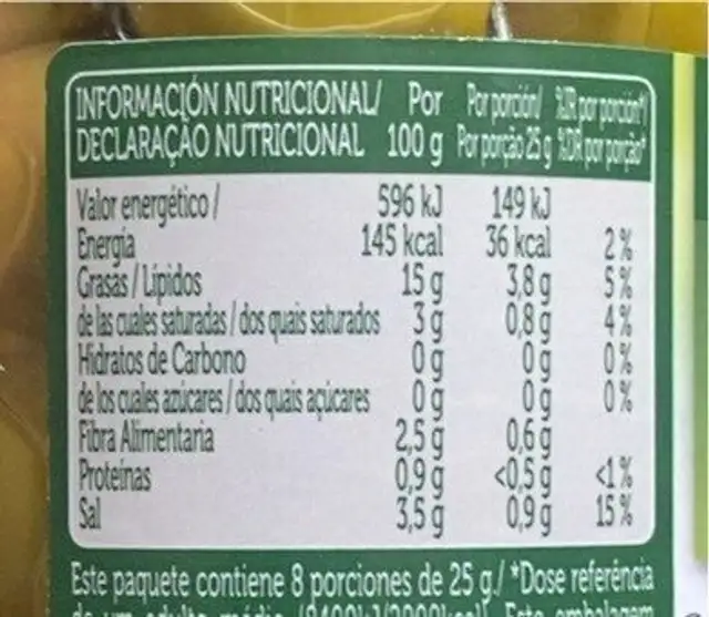 Aceitunas manzanilla rellanas pasta pimento nutrition facts table
