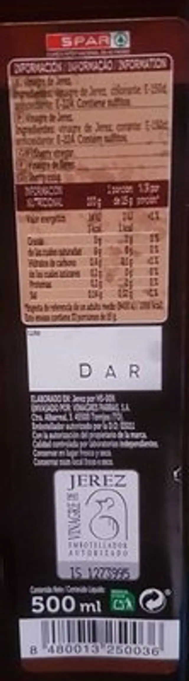 500 Ml-vinagre De Jerez ingredients label