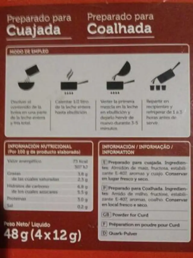 Preparado para cuajada en polvo nutrition facts table
