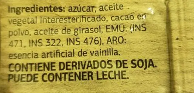 baño de reposteria semiamargo marca dia ingredients label