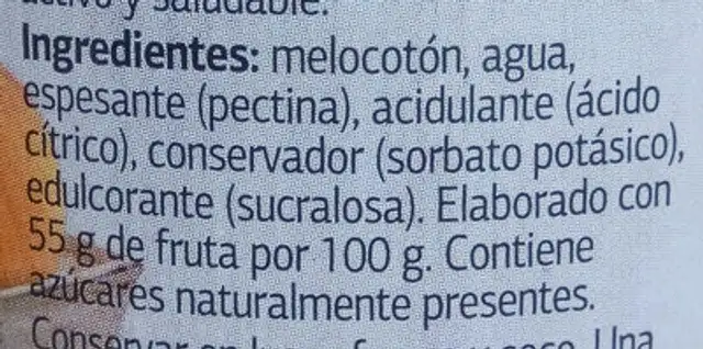 Mermelada extra melocotón diet ingredients label