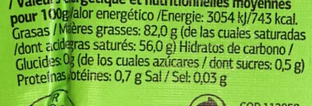 Beurre moulé doux bio (82% MG) nutrition facts table