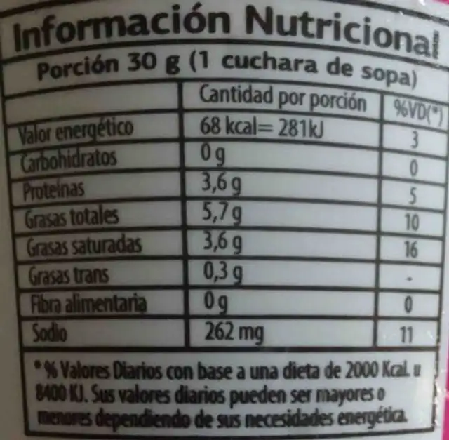 Queso untable salame nutrition facts table