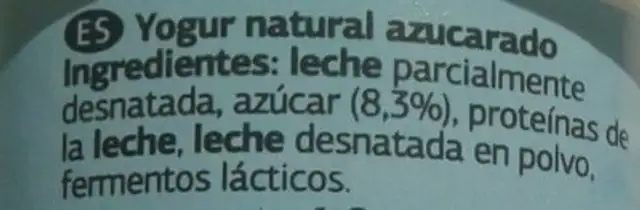 Yogur natural azucarado ingredients label