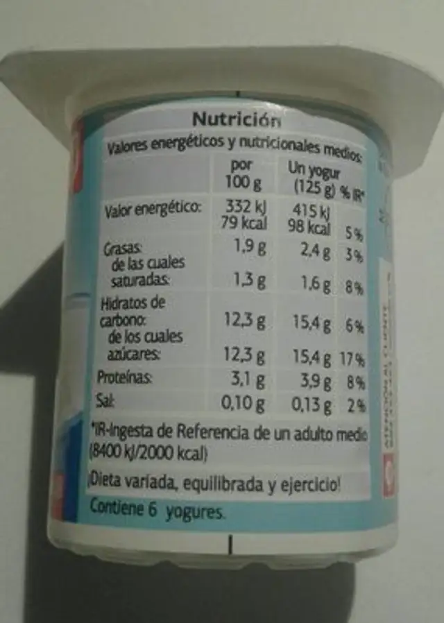 Yogur natural azucarado nutrition facts table