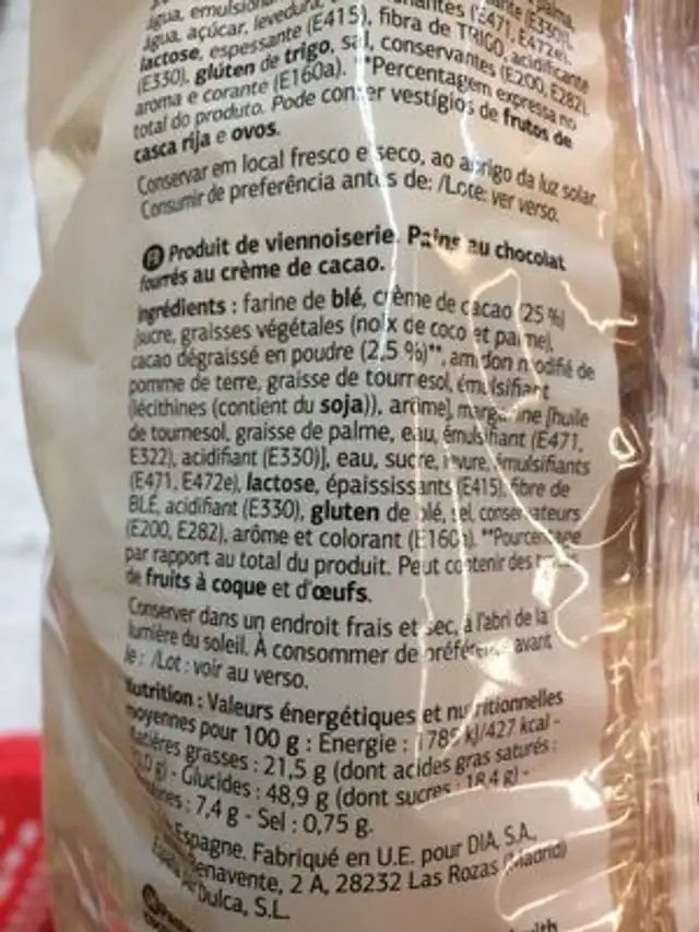 Napolitanas ingredients label