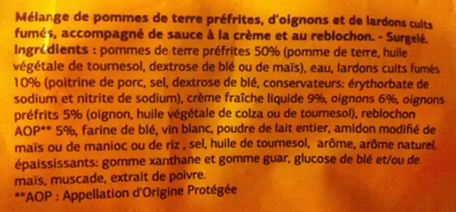 Tartiflette Surgelée ingredients label