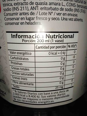 Tónica light nutrition facts table