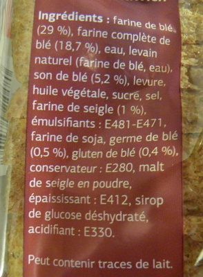 Pain de mie Complet Spécial sandwich ingredients label