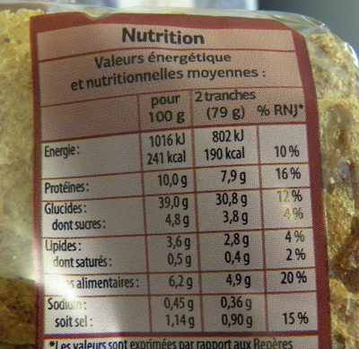 Pain de mie Complet Spécial sandwich nutrition facts table